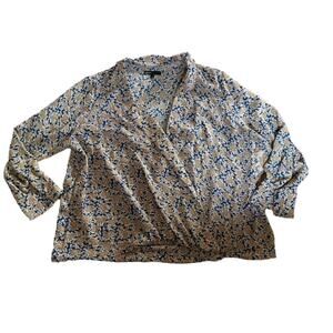 Gibson Long Sleeve Faux Wrap Paisley Blue Gold Silky Top Size XL Collar